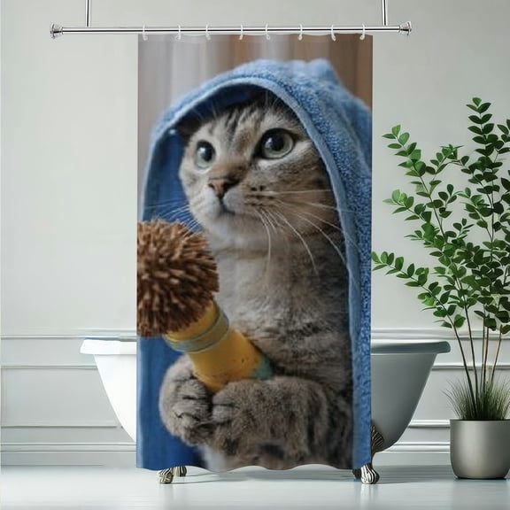 RKSupls Funny Cat Towel Bottle Brush Shower Curtain, Valentine's Day Waterproof Shower Curtain with Hooks for Home Bathtub Bathroom Decor Washable Curtains,90x180cm