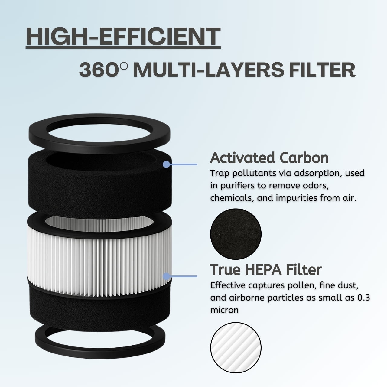 Nispira 2-in-1 True HEPA Replacement Filter for Air Purifier | Compatible with TaoTronics TT-AP008 | Remove Smoke, Dust, Pollen | 2 Pack