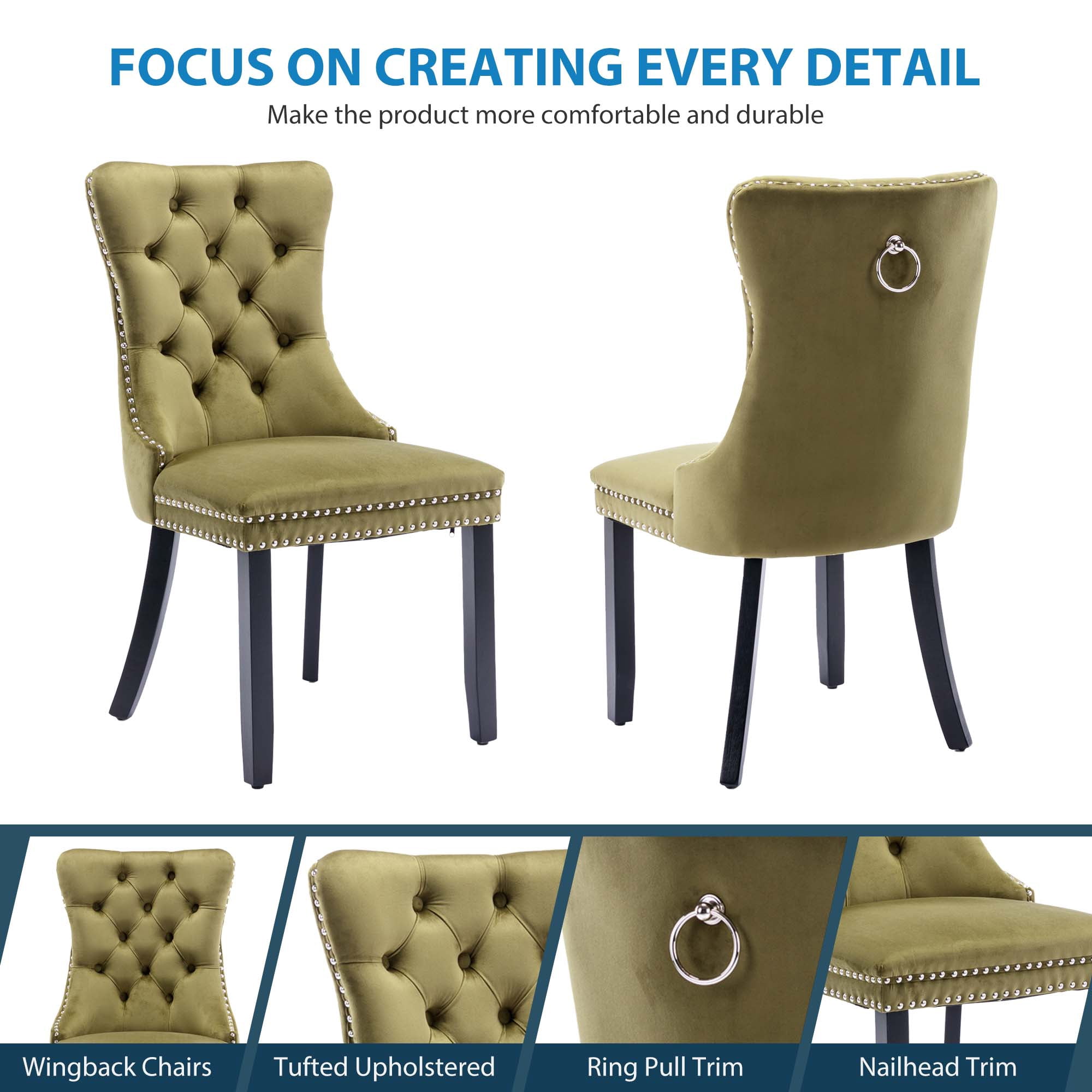 Aukfa High-End Upholstered Dining Chairs Set of 2, Modern Tufted Solid Wood Side Chair with Nailhead Trim - Olive