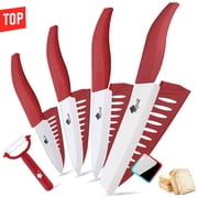 Ceramic Knives Set 3 4 5 inch Paring Knife + 6inch Serrated Bread Knife with Peeler Vegetable Fruit Slicing Cutter Rustproof Chef Knives (Red)