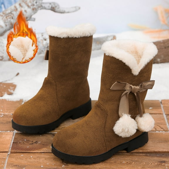 ZHOGXU Big Kids Girls Boots Solid Color Plush Bow Design Flat Sole Comfortable Fashion Shoes For Outdoor Activities Daily Wear Brown 3.5-4 Years