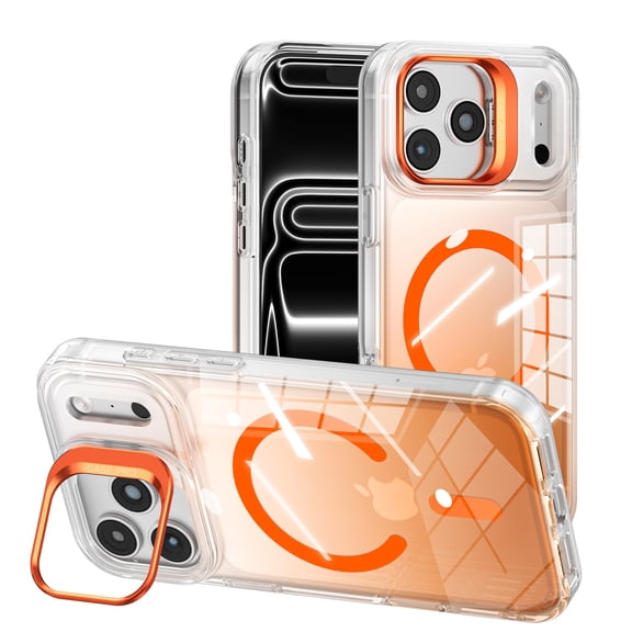 Dteck Magnetic Clear Protective Phone Case with Camera Ring Stand for iPhone 17 Pro Max, Compatible with MagSafe,Orange