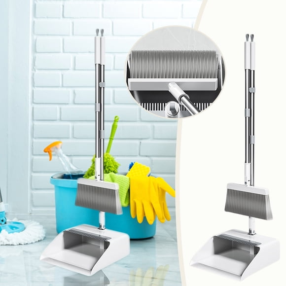 Kitchen Cleaning - Lightweight Indoor Dustpan with Silicone Edge and Extra Long Adjustable Aluminum Handle for Floors Glass Tiles Cleaning