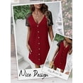 thumbnail image 6 of HUBERY Women Contrast Color Lace Raglan Sleeve Button V Neck Mini Dress, 6 of 7