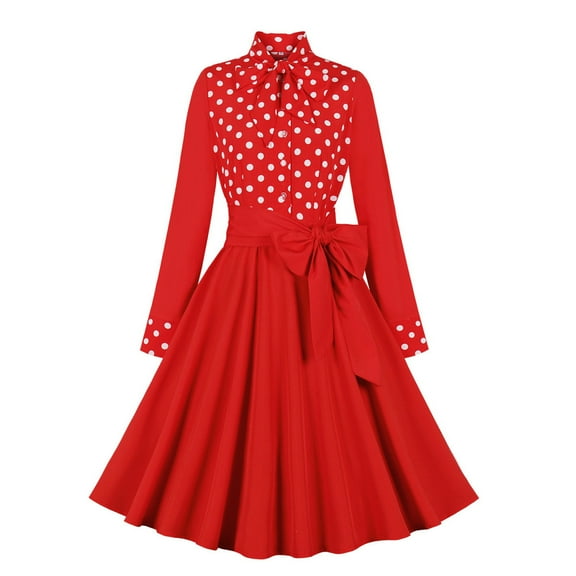XFLWAM Women 1950s Vintage Rockabilly Dresses Long Sleeves Polka Dot Bow Tie Mock Neck Swing Dress Cocktail Dress