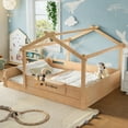 thumbnail image 4 of Bellemave Queen Floor Bed with Guardrails and Roof, Wood House Floor Beds Frame with Built-In Tray, Low Profile Design for Small Space, Natural, 4 of 8