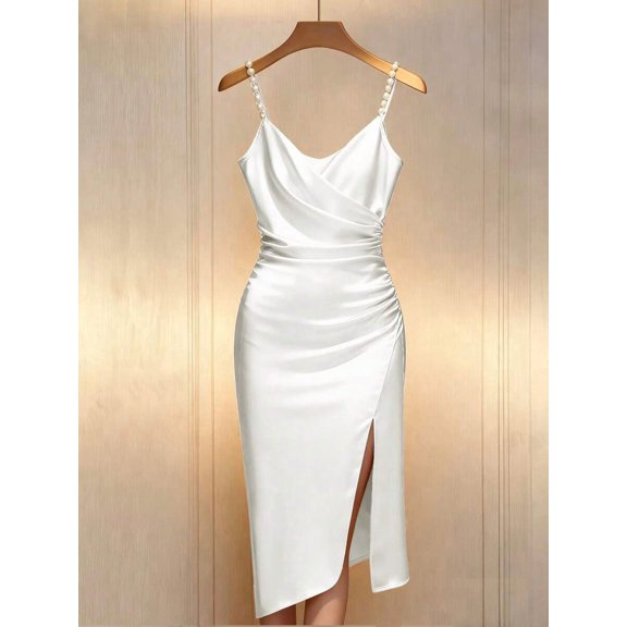 White Satin Bodycon Dress With Pearl-Embellished Spaghetti Straps, Crossover Neckline, Ruched Waist And Side Slit