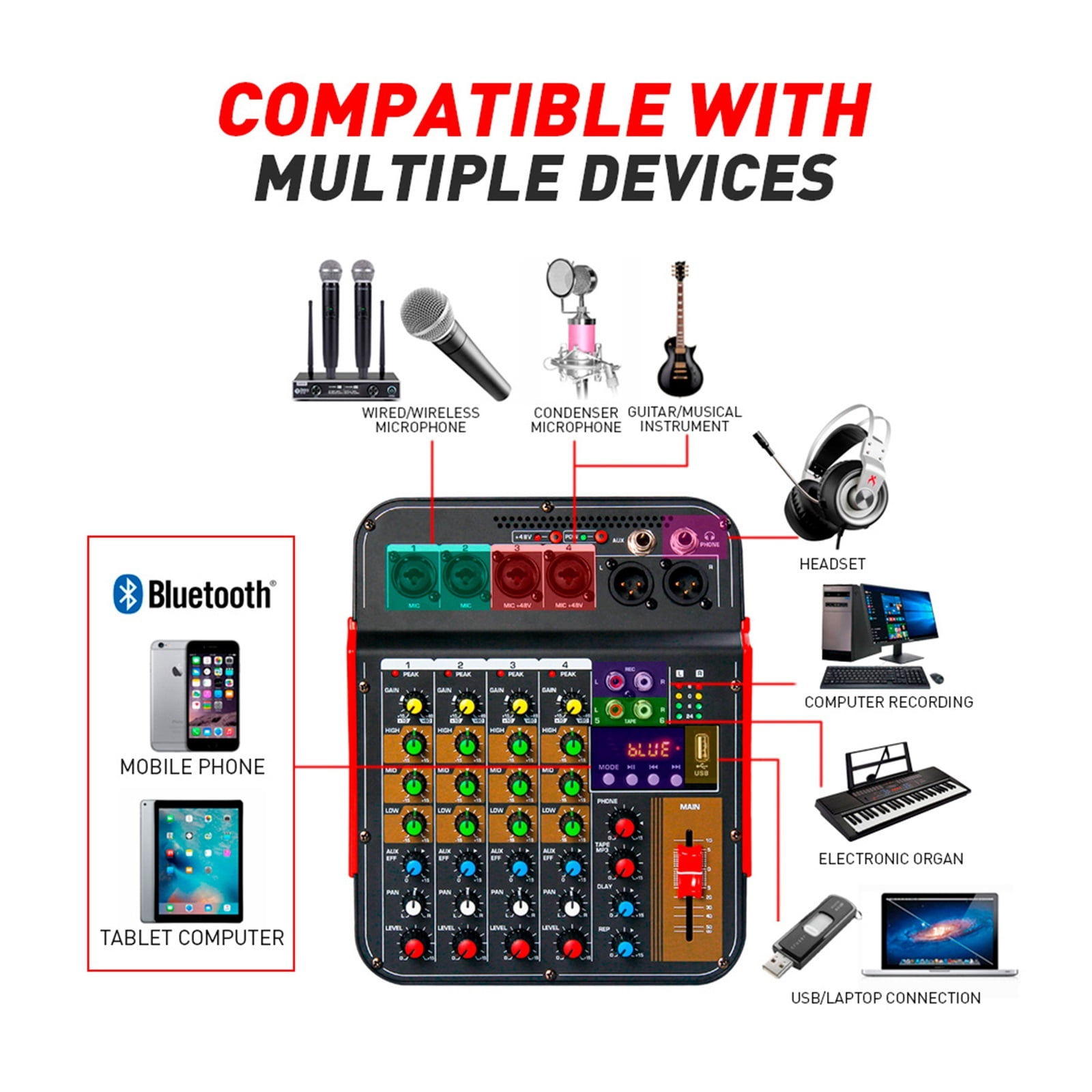 Mixer DJ Consoler 6 Channel DM4 With 48V Phantom, Bluetooth , USB To Recording , Sound Mixing Console ,Easy to Operate