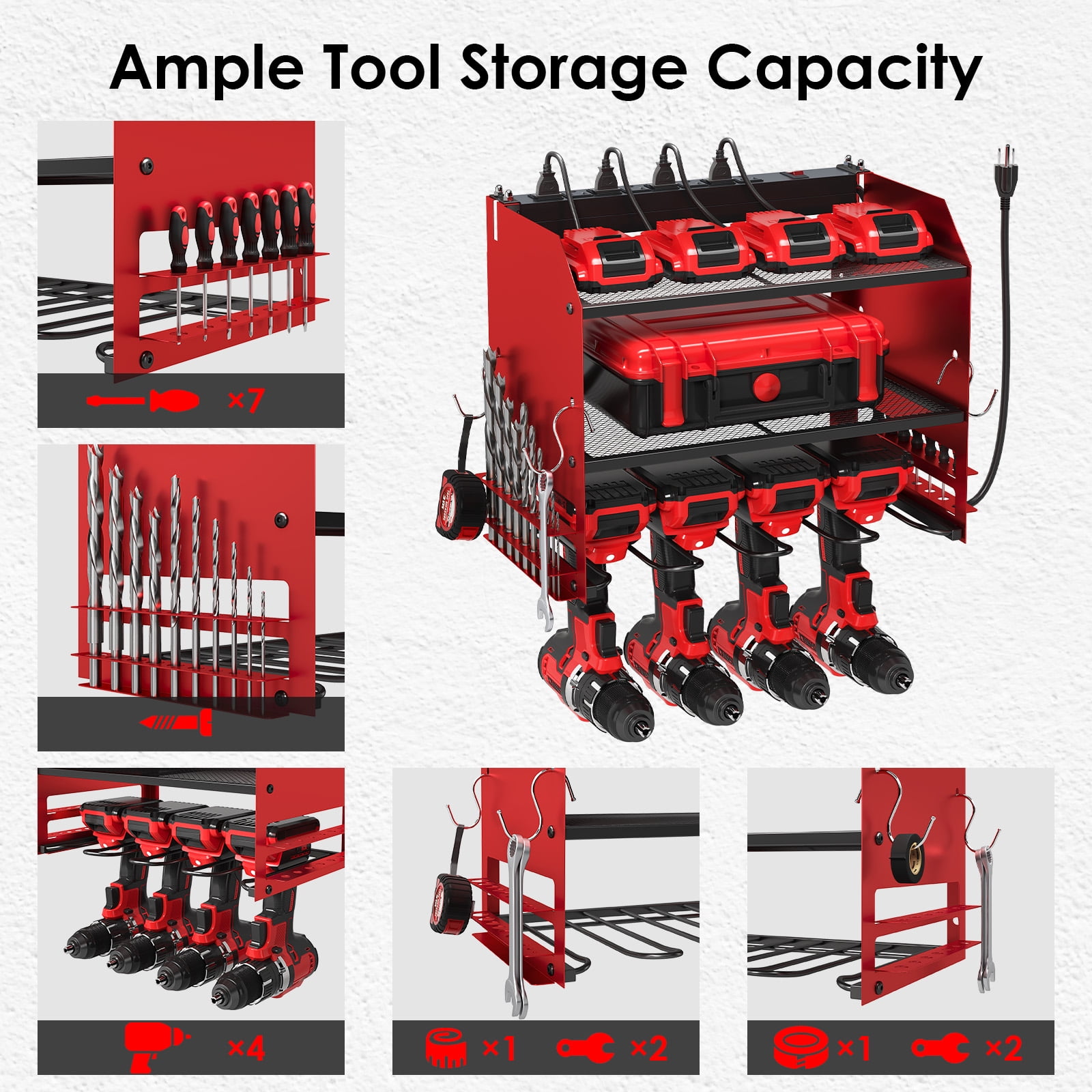 TLGREEN Power Tool Organizer Wall Mount with Charging Station, 4 Drill Holder & 8 Outlet Power Strip, Perfect Gift for Farther, Husband, and Friend