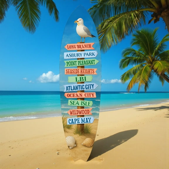 Jersey Shore Surfboard Wall Art – Coastal Beach House Decor New Jersey Towns, Weather-Resistant PVC Indoor Outdoor (2 Foot)