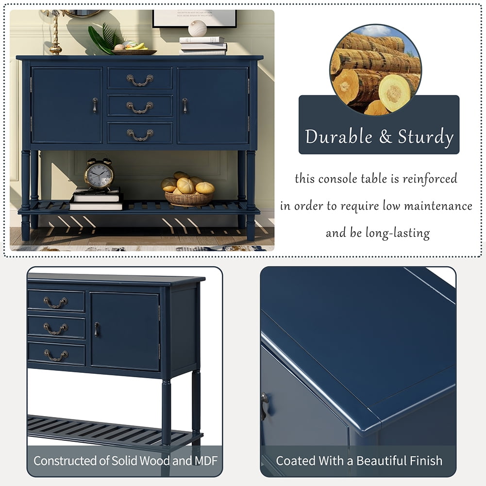 Lowestbest 45" Farmhouse Accent Entryway Table, Entry Table with 3 Drawers, 2 Cabinets and 1 Shelf (Navy Blue) Lowestbest 45" Farmhouse Accent Entryway Table, Entry Table with 3 Drawers, 2 Cabinets and 1 Shelf (Navy Blue)