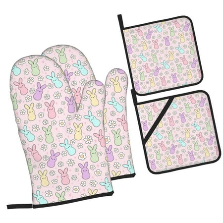 

Fotbe Colorful Bunny for 4Pcs Oven Mitts and Pot Holders 500℉ Heat Resistant Oven Mitts Non-Slip Silicone Surface Safe for Baking Cooking BBQ