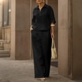 thumbnail image 5 of Feancey Vacation Outfits for Women 2 Piece Set Linen Short Sleeve Laplel V Neck Top and Elastic Waist Pant Lounge Sets Solid Color Loose Travel Outfit with Pockets Black L, 5 of 10
