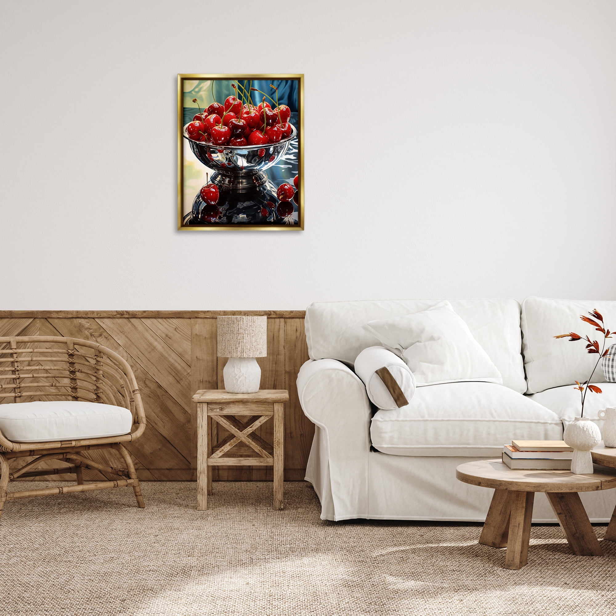 Stupell Industries Bowl of Cherries Reflection Food & Beverage Painting Gold Floater Framed Canvas Art Print Wall Art, 25 x 31