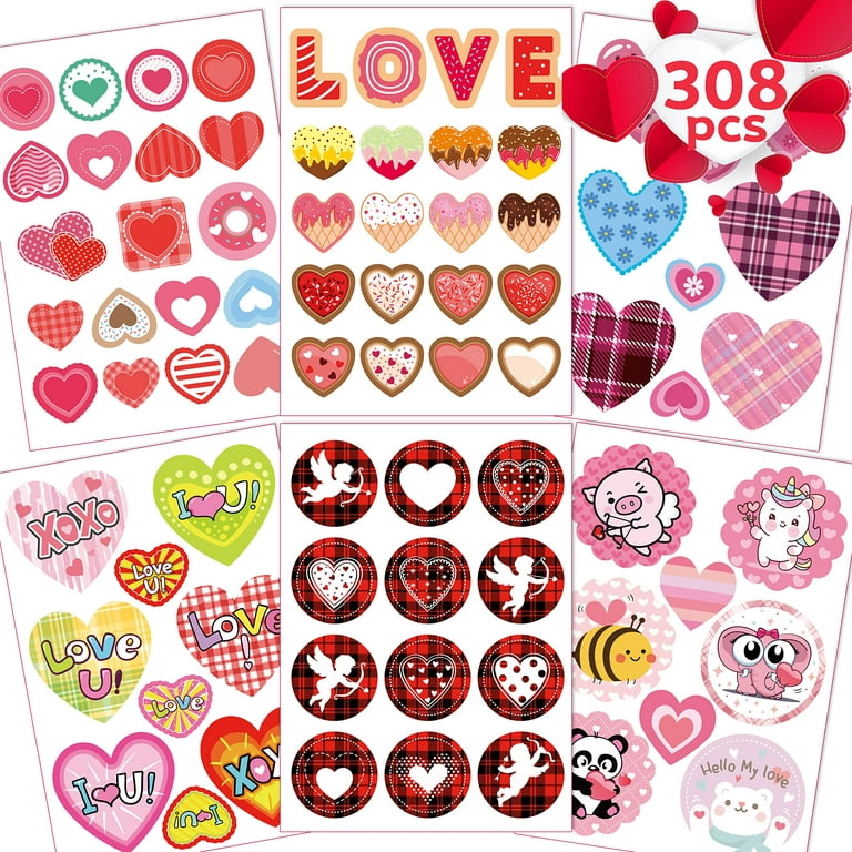 D4DREAM Valentines Heart Stickers for Kids 216pcs Valentines Day Heart Labels Sticker for Envelopes, Cards, Scrapbooking, Valentine's Decorations