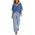 thumbnail image 2 of Maqroz Women 2 Piece Outfits Sets Summer Striped Print Short Sleeve V Neck Top and Striped Pants Set Elastic Waist Pockets Casual Vacation Sets Blue XL, 2 of 8