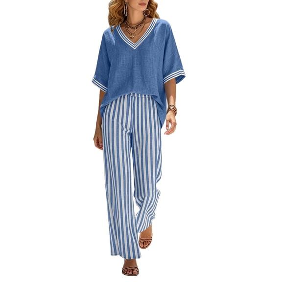 Bosfbaoi Two Piece Sets for Women V Neck Short Sleeve Top and Striped Wide Leg Pants Casual Womens Summer Outfits