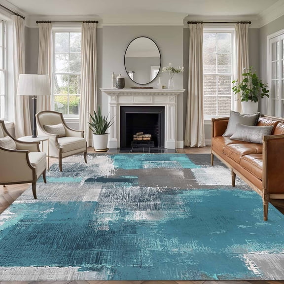 Turquoise Grey Large Area Rug 8x10 FT, Non Slip Living Room Throw Carpet, Abstract Square Graffiti Modern Smear Washable Soft Indoor Outdoor Carpet Non-Shedding Rug for Bedroom Dining Room