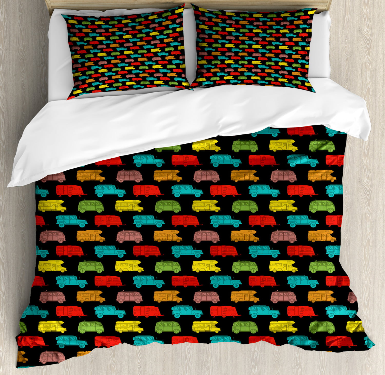 Camper Queen Size Duvet Cover Set Colorful Van And Trailer On