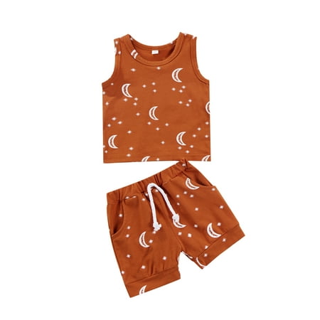 

IZhansean Summer Infant Baby Girls Boys Clothes 2pcs Star and Moon Print Sleeveless Vest Tops+Shorts Set Brown 2-3 Years
