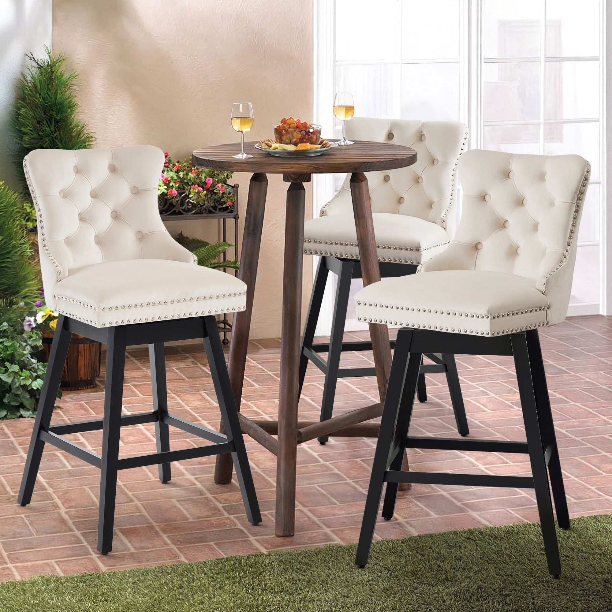 Tewloss 30" Swivel Bar Stools Set of 6 With Back Velvet Bar Height Chairs for Home Kitchen, Beige