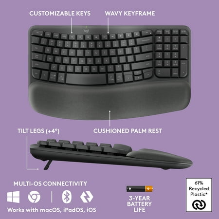 Logitech - Wave Keys MK670 Combo Ergonomic Wireless Keyboard and Mouse Bundle for Windows/Mac with Integrated Palm-rest - Graphite
