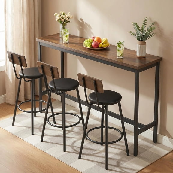 Bar Table and Chairs Set, 4 Piece Industrial Dining Set with 3 PU Leather Upholstered Stools, Rustic Brown MDF and Metal High Table for Kitchen, Living Room, Cafe, Small Spaces