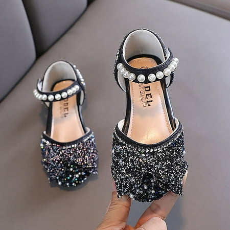 

kpoplk Baby Dress Shoes Performance Dance Shoes For Girls Childrens Shoes Pearl Rhinestones Bowknot Shining Baby Sandals Girl(Black)