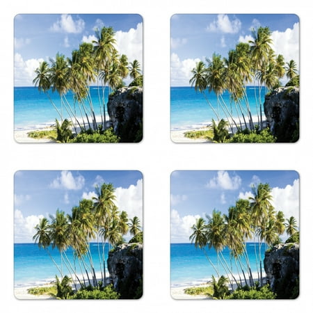 

Travel Coaster Set of 4 Caribbean Island Overlook with Palm Tree and Ocean Exotic Travel Destination Print Square Hardboard Gloss Coasters Standard Size Cream Blue by Ambesonne