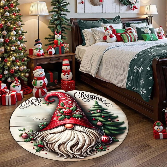 Uklsqma Christmas Round Floor Mat 23.6In Polyester Holiday Rug Multicolor Reindeer Star Pattern | Festive Living Room Carpet Sofa Coffee Table Mat | Durable Easy-Clean Doorway Kitchen Bath Rug