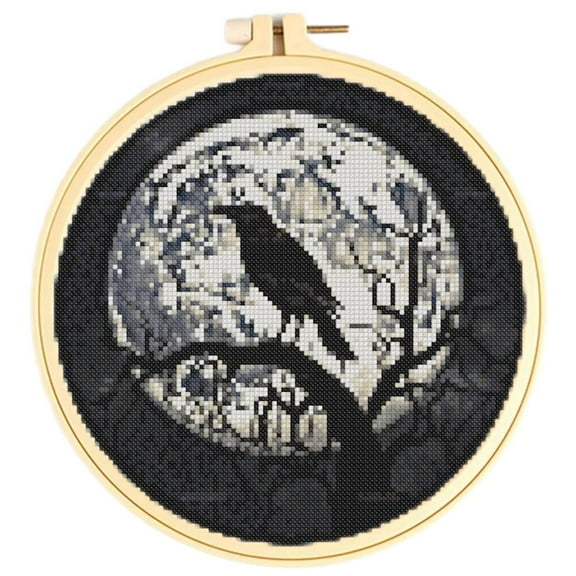 Black Crow Bird Cross Stitch Kits for Starter Kits DIY 11CT Pre-printed Patterns Needlepoint Embroidery Cross Stitching Needlework Kit Set Supplies with Hoop 38x38cm