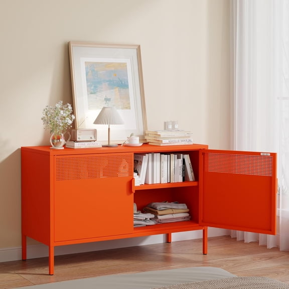 Metal Storage Cabinet with 2 Doors & Adjustable Shelves, Orange | 25"H Accent Cabinet, Metal Locker Storage Cabinets, TV Stand Cabinet for Home, Office, Living Room, Entryway