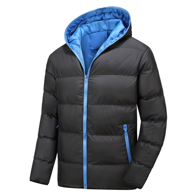 IROINNID Mens Puffer Jacket Reduced Leisure Patchwork Hooded Cardigan Pockets Warm Cotton Jacket,Black