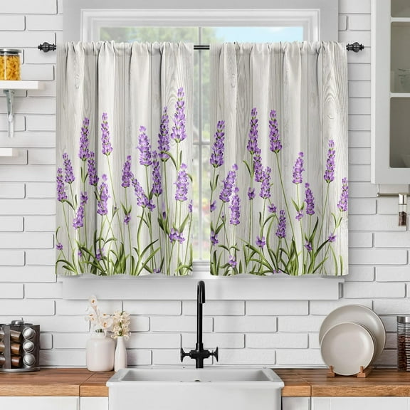 Lavender Flower Floral Kitchen Curtains -Rustic Wood Barn Door Farmhouse Decor Purple Spring Curtains for Home Dining Living Room Rod Pocket Window Drapes 2 Panels Set, 28"x36"