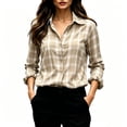 thumbnail image 2 of Hueook Plaid Button Down Shirt For Women Flannel Collared Work Tops Dressy Gingham Fall Long Sleeve Checkered Blouse Khaki M, 2 of 8