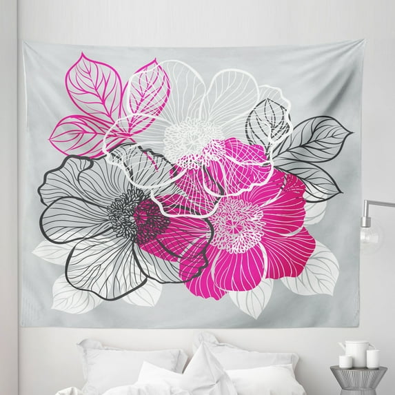 Grey Tapestry, Abstract Blossoming Peonies Romantic Spring Bridal Bouquet Feminine Corsage, Fabric Wall Hanging Decor for Bedroom Living Room Dorm, 5 Sizes, Grey Magenta White, by Ambesonne