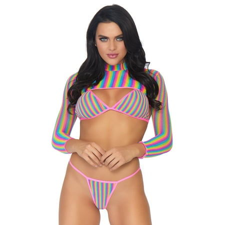 Leg Avenue Women's Rainbow Fishnet Bikini Top, G-String Panty, and Crop Top Set