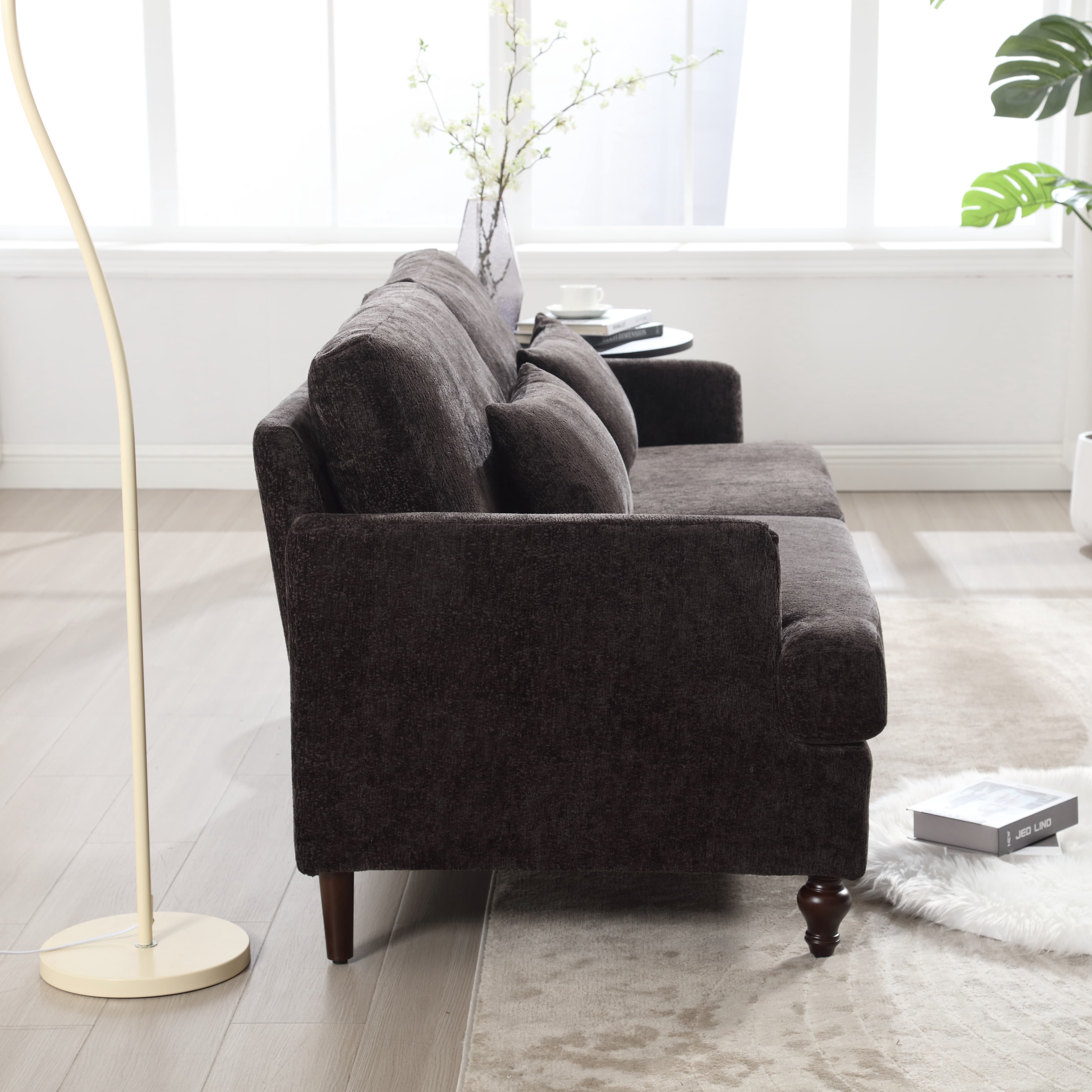 MAYEERTY Mid Century Modern chenille Fabric Loveseat sofa, 2-Seat Upholstered Loveseat Sofa Modern Couch for Living Room,Brown wood feet sofa for Bedroom, Reading (Black Chenille)