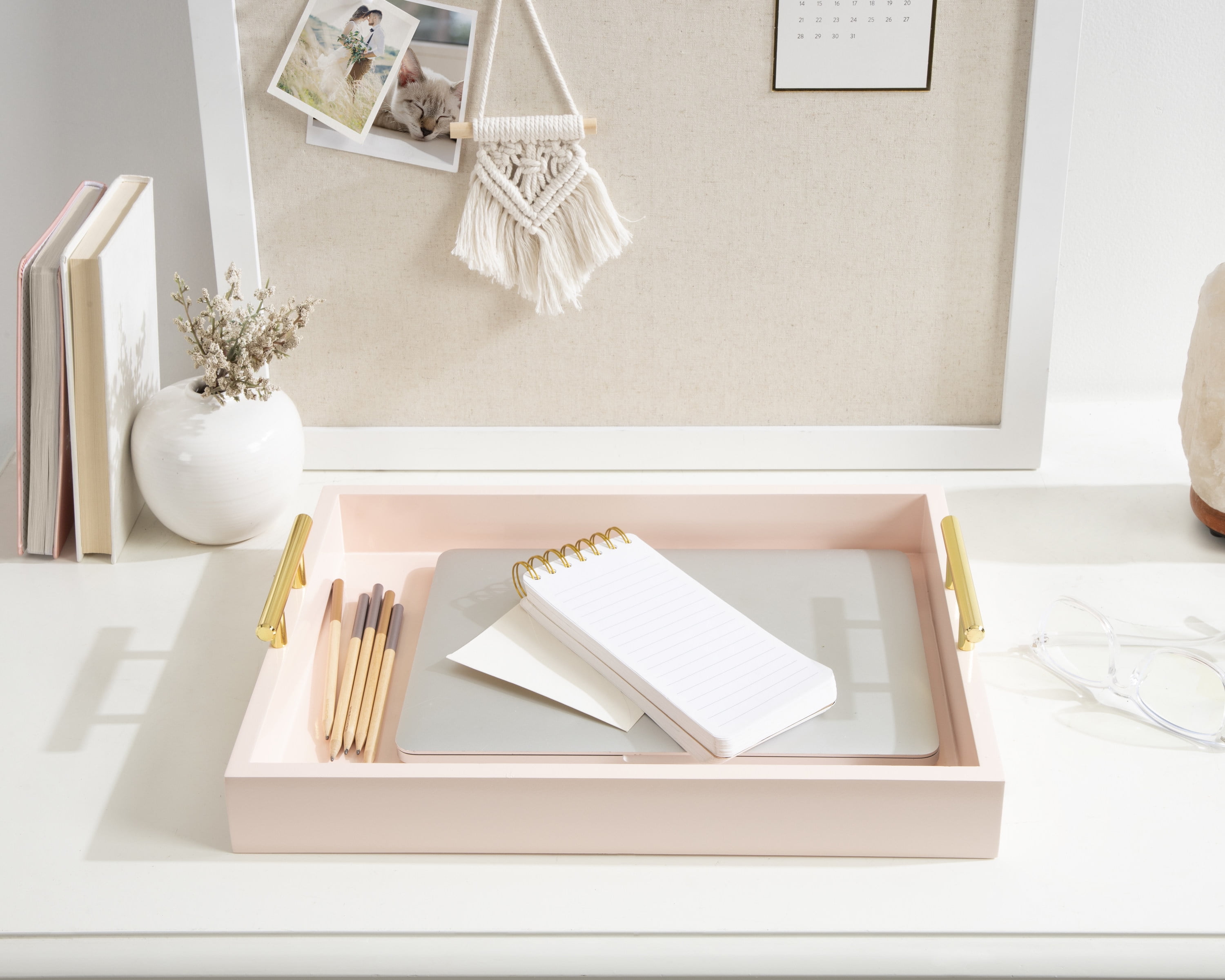 Kate and Laurel Lipton Decorative Modern Tray, 16.5 x 12.25, Pink, Glossy Pink Serving Tray with Polished Gold Handles for Hosting, Home Decor, and Storage