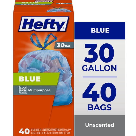 Hefty Blue Trash Bags, Blue, 30 Gallon, 40 Count
