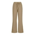thumbnail image 4 of Women Pants Plus Size Casual Cotton Linen Solid Color Drawstring Elastic Waisted Wide Leg Pants Beige 3XL, 4 of 6