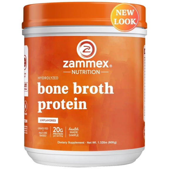 Zammex Bone Broth Protein Powder Grass Fed Beef, Natural Flavor, 1.32 lb, 20g Protein Hydrolyzed Collagen Peptides Type I & III,Dietary Supplement,Non-GMO,Gluten Free,Paleo & Keto Friendly