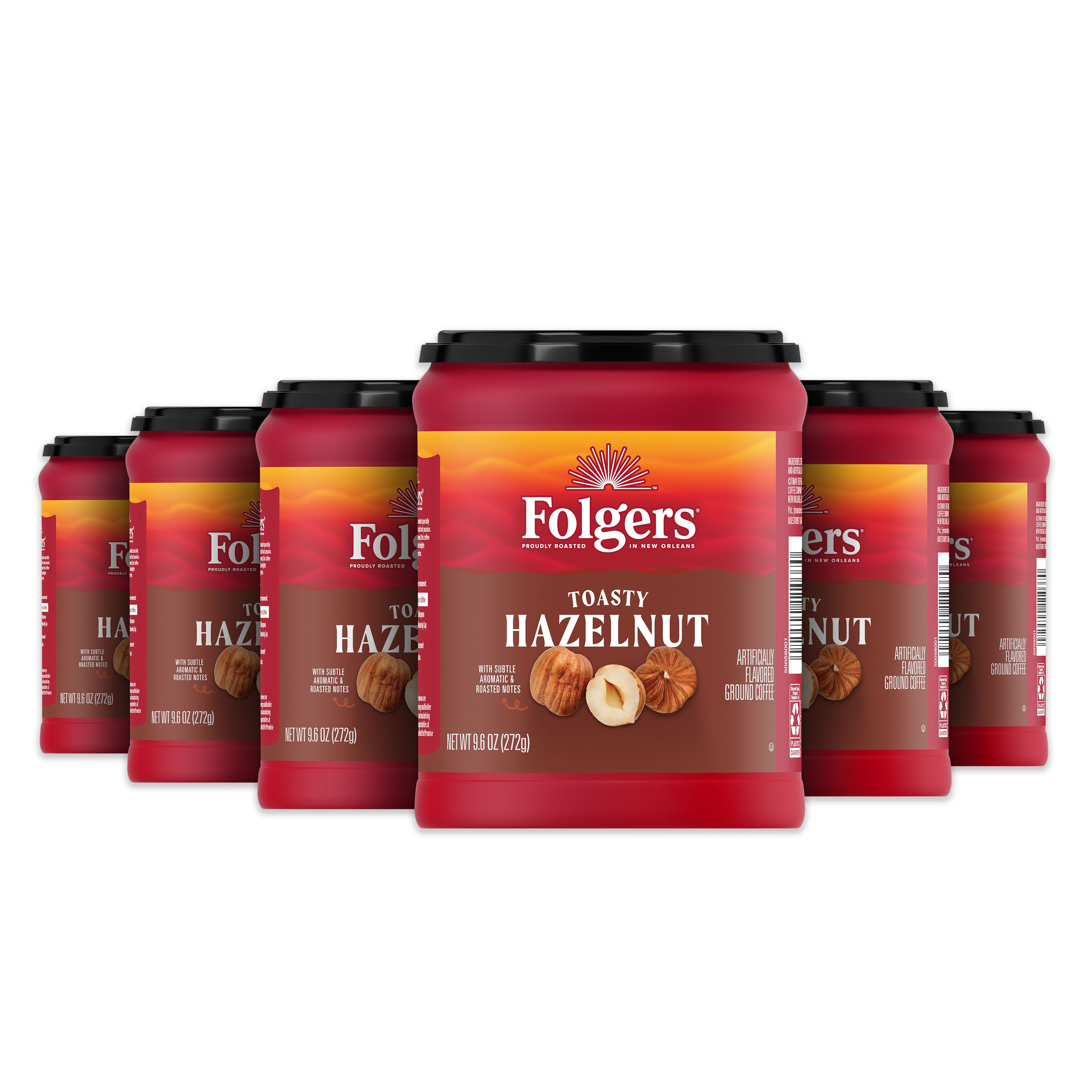 (6 pack) Folgers Toasty Hazelnut Artificially Flavored Ground Coffee, 9.6 oz Canister