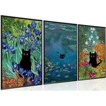 Monet Wall Art Set of 3 - Funny Cat in Water Lilies Canvas Paintings Prints, Garden Flowers Black Cat Aesthetic Pictures for Room Bedroom Living Room Bathroom 16x24 in Black Framed