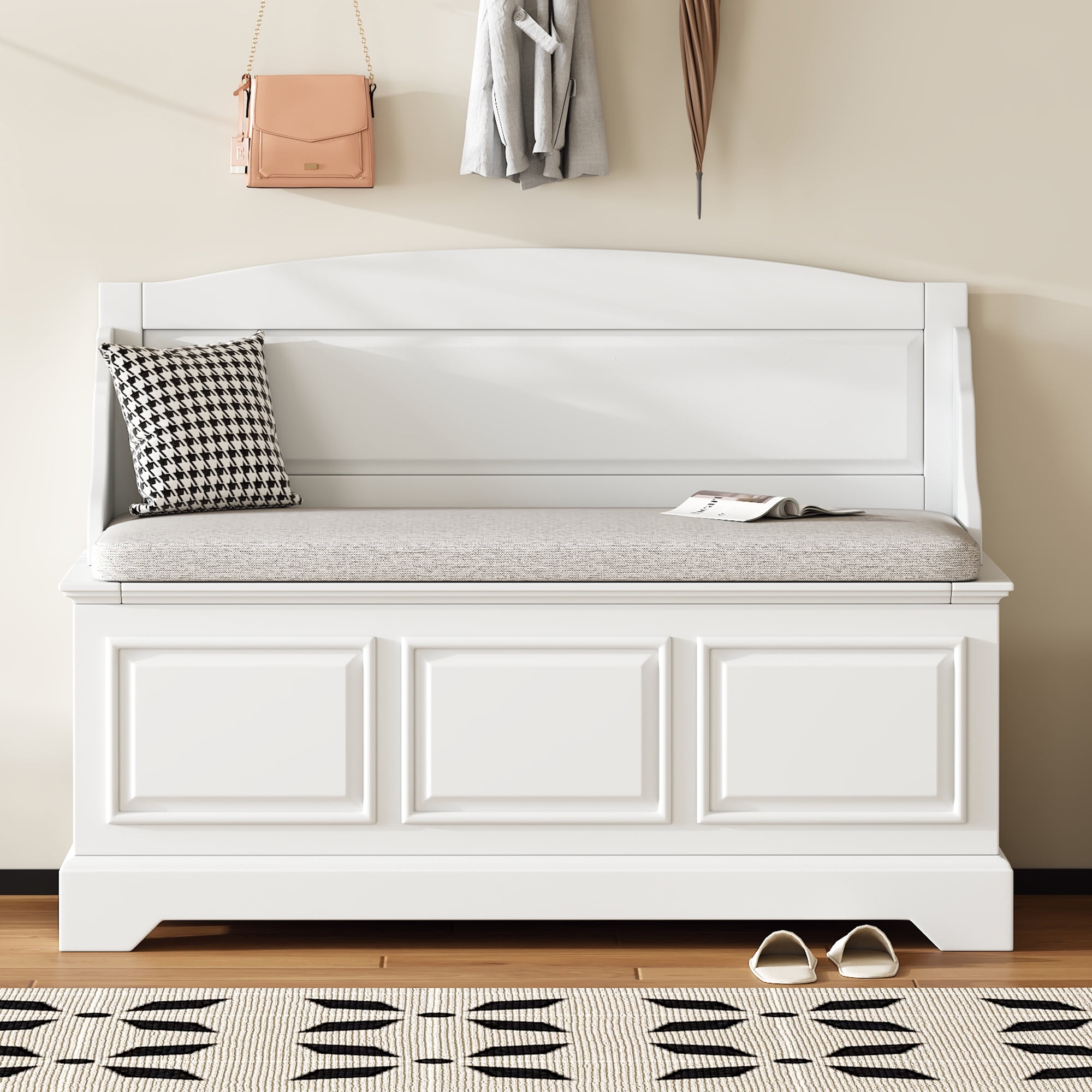 Euroco Vintage Wooden Shoe Storage Bench with Cushion, Carved Panel Design, Lift-Top Compartment, Entryway Seating