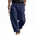 thumbnail image 3 of Linen Pants for Men Elastic High Waist Drawstring Wide Leg Pants Casual Breathable Summer Vacation Beach Trousers, 2XL, 3 of 9