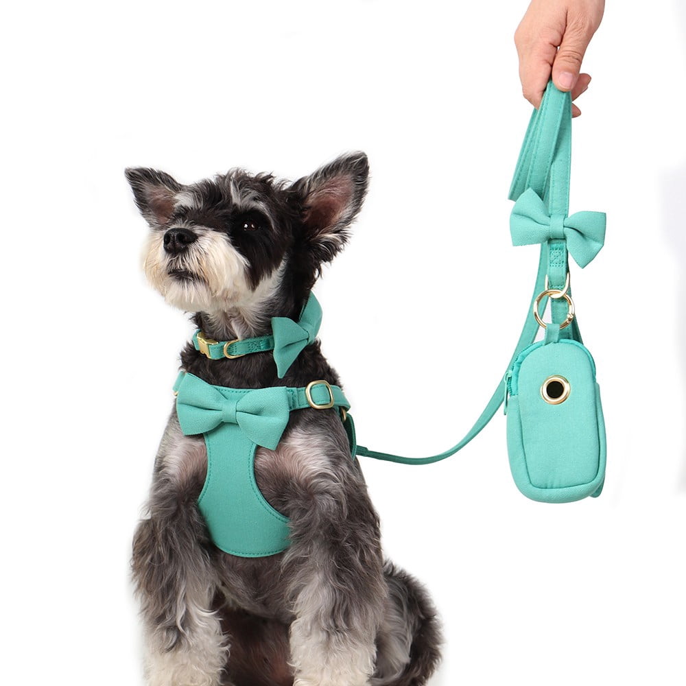 Pet Artist 4pcs Cute Bowtie Dog Harness and Collar and Leash and Poo Bag Holder Adjustable Pet Puppy Cat Vest