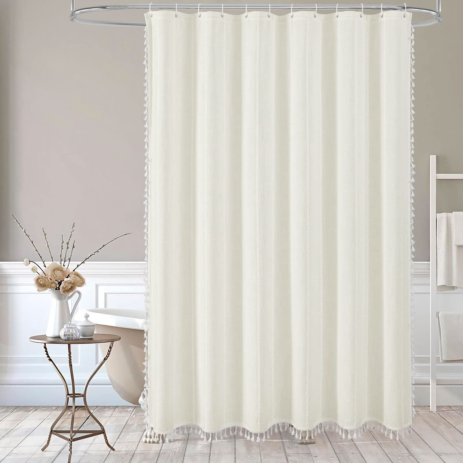 Small Stall Fabric Shower Curtain 36 x 72, White Half Size Narrow Cotton Linen Tassel Cloth Shower Curtains for Chic Modern Farmhouse Country Bathroom Decor