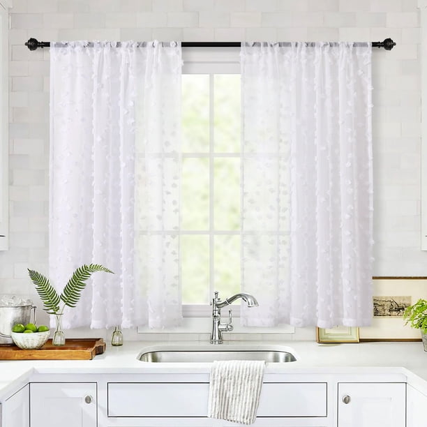 Cortinas MYSKY HOME, color blanco transparente con pompones, 140 x 137 cm, 2 paneles