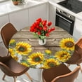 thumbnail image 2 of Sunflowers Retro Round Tablecloth 55-60 Inch Round Fitted Table Cloth with Elastic Edge, Pastoral Floral Wooden Planks Farmhouse Waterproof Table Cover Protector for Outdoor Picnic Party Dining, 2 of 6